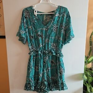 Floral Teal Romper with Ruffle Hem